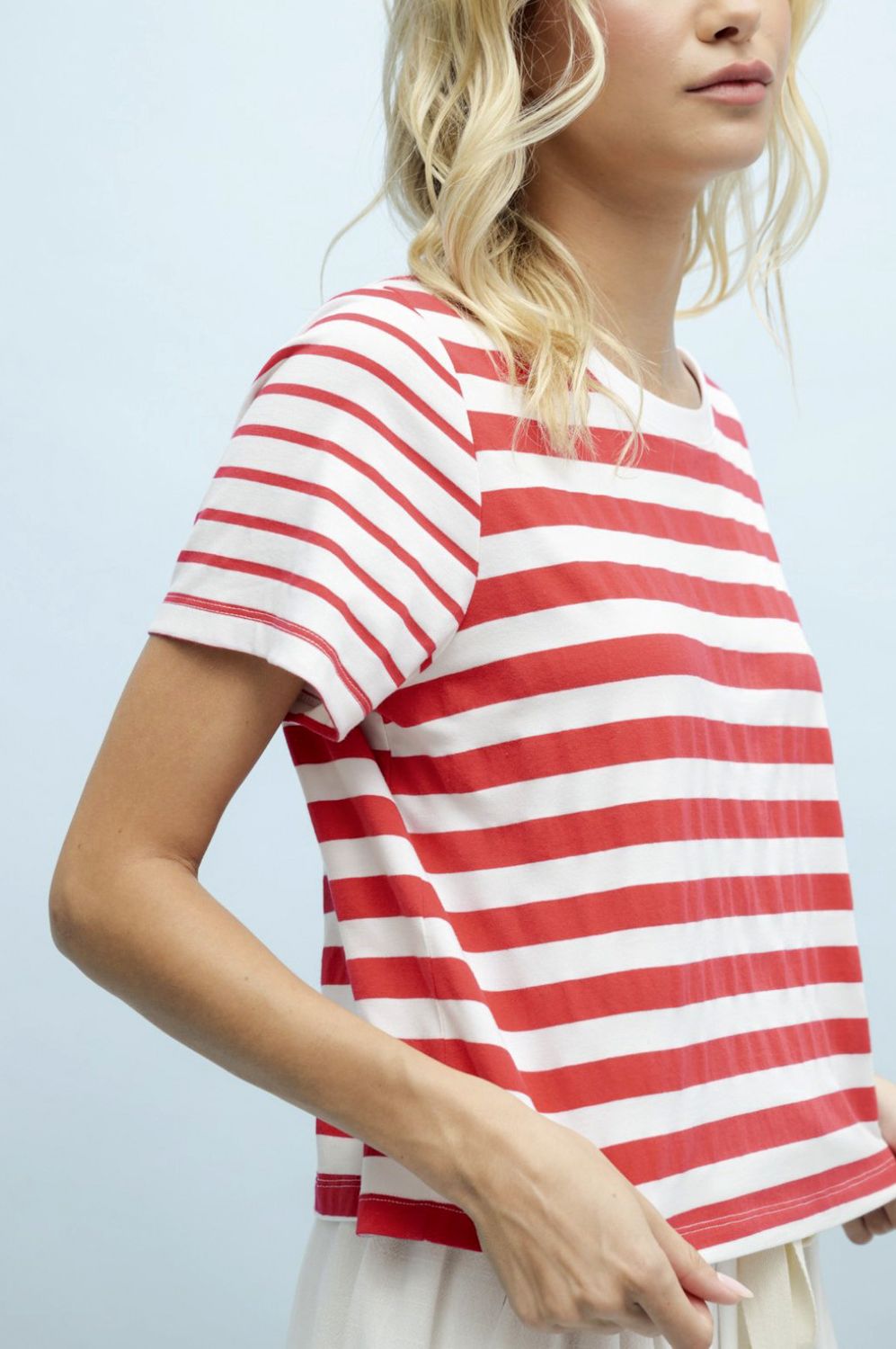 Cherry Striped Sleeve Contrast Knit Top