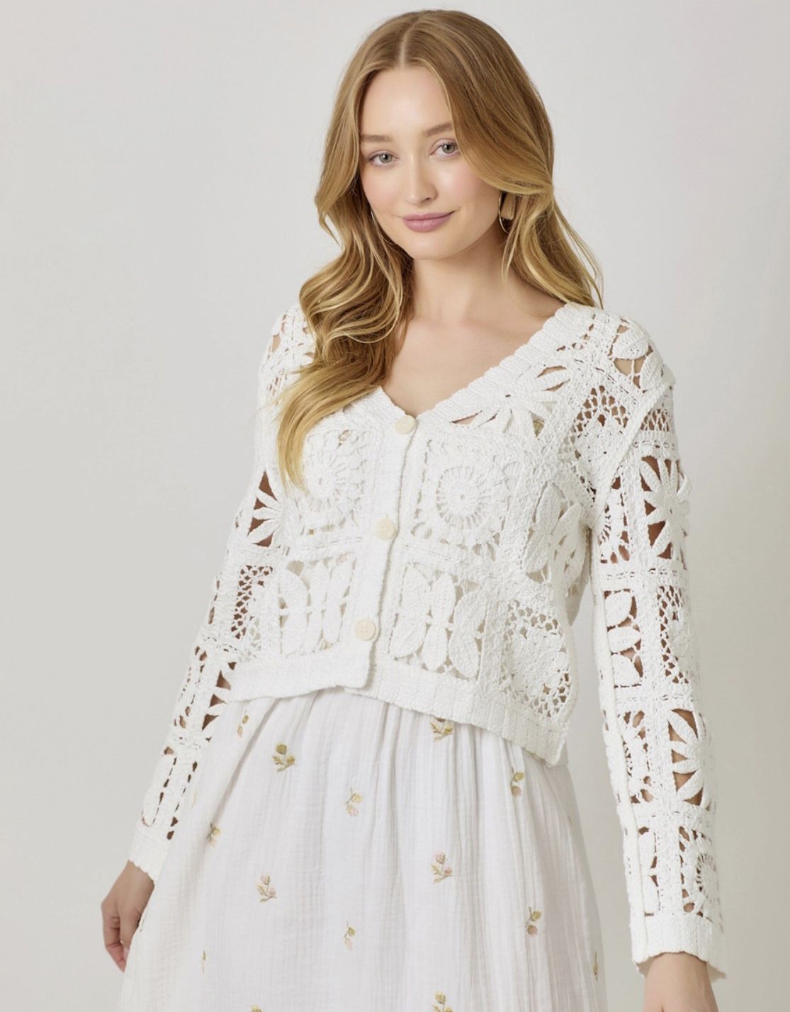 White Crochet Button Up Cardigan
