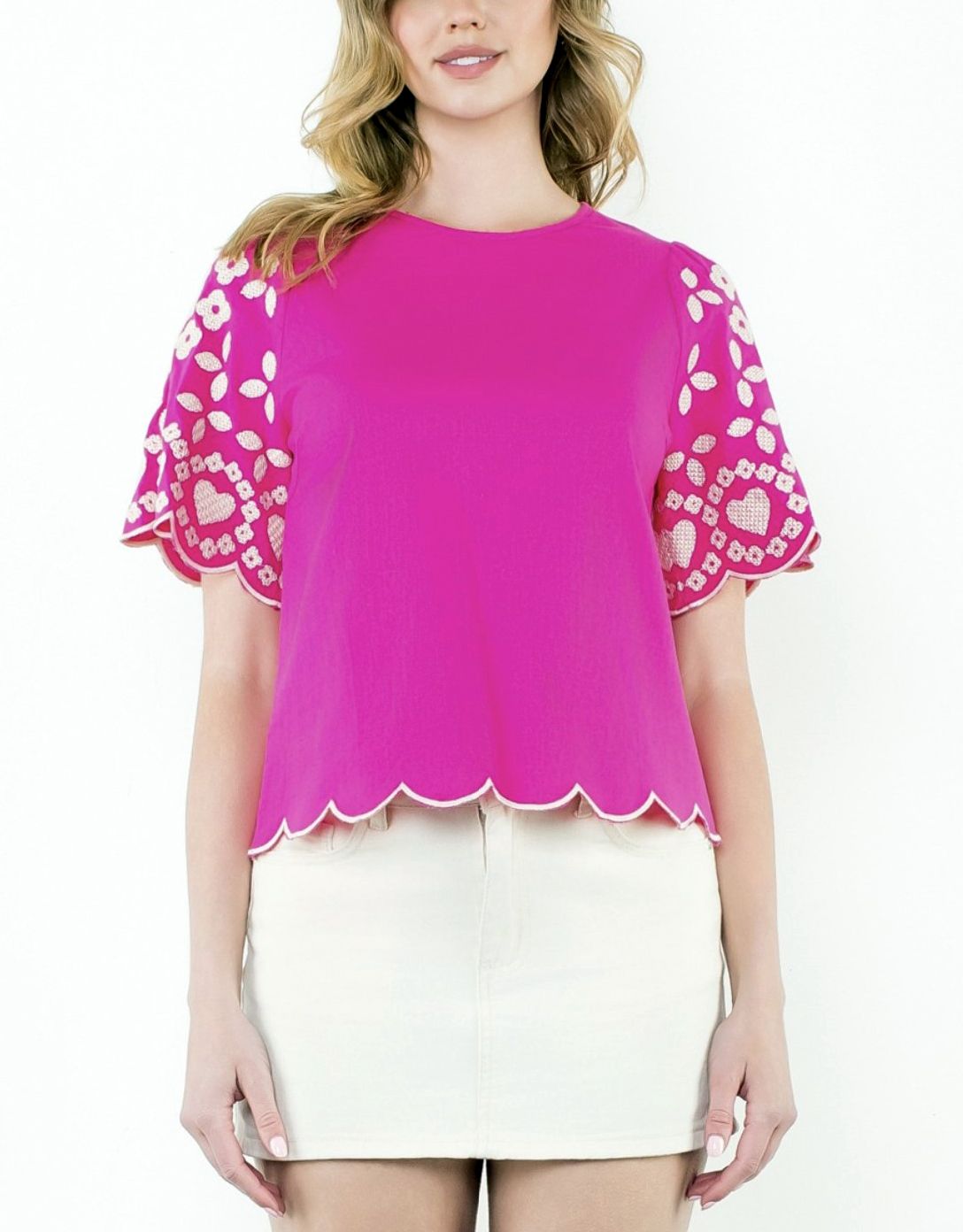 Pink Embroidered Sleeve Detail Top