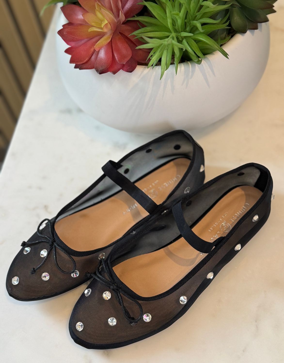 Adette Black Stone and Mesh Flat