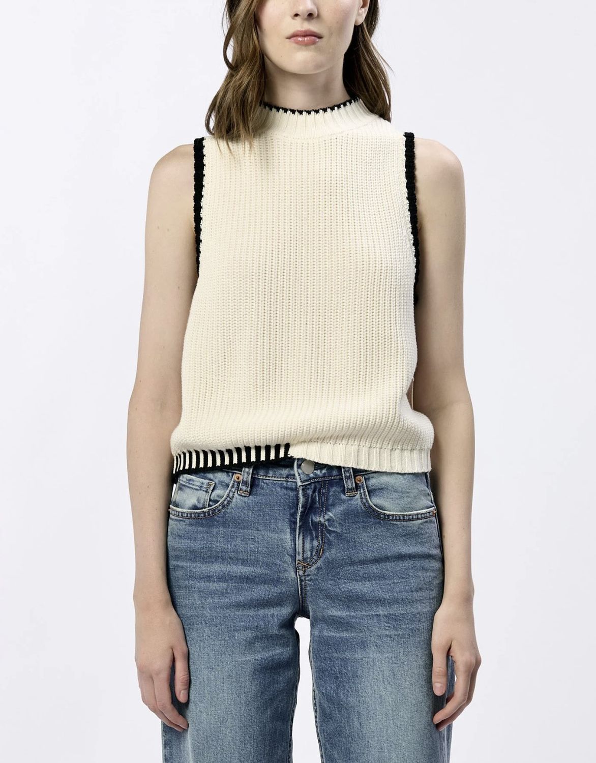 Cream Biran Black Detail Trim Sweater Top