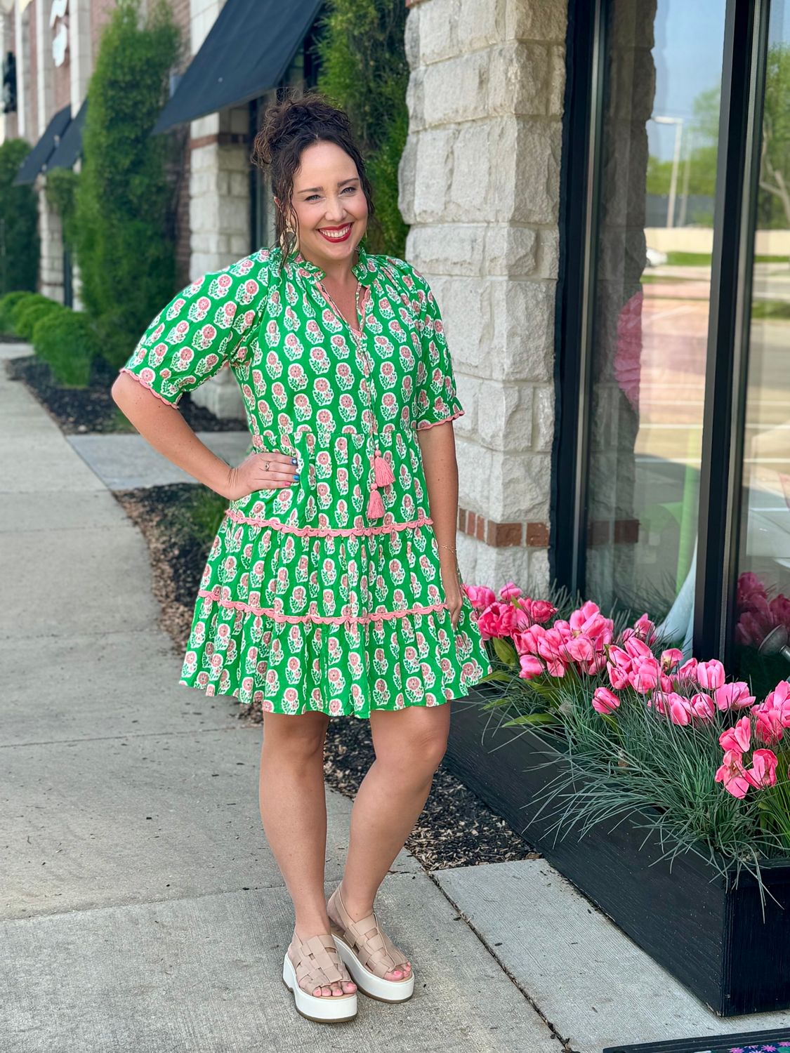 Green Puff Sleeve Flower Print Dress