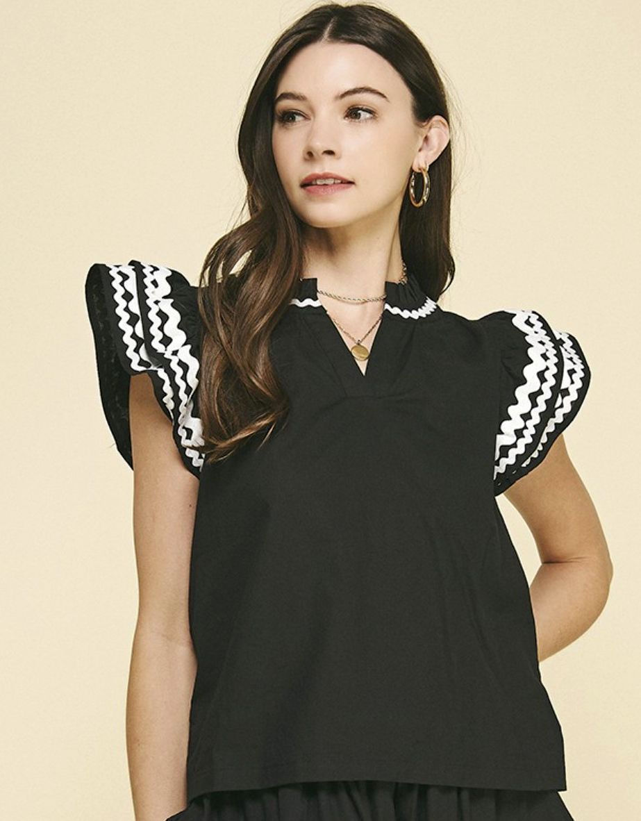 Black Embroidered Ruffle Sleeve Top