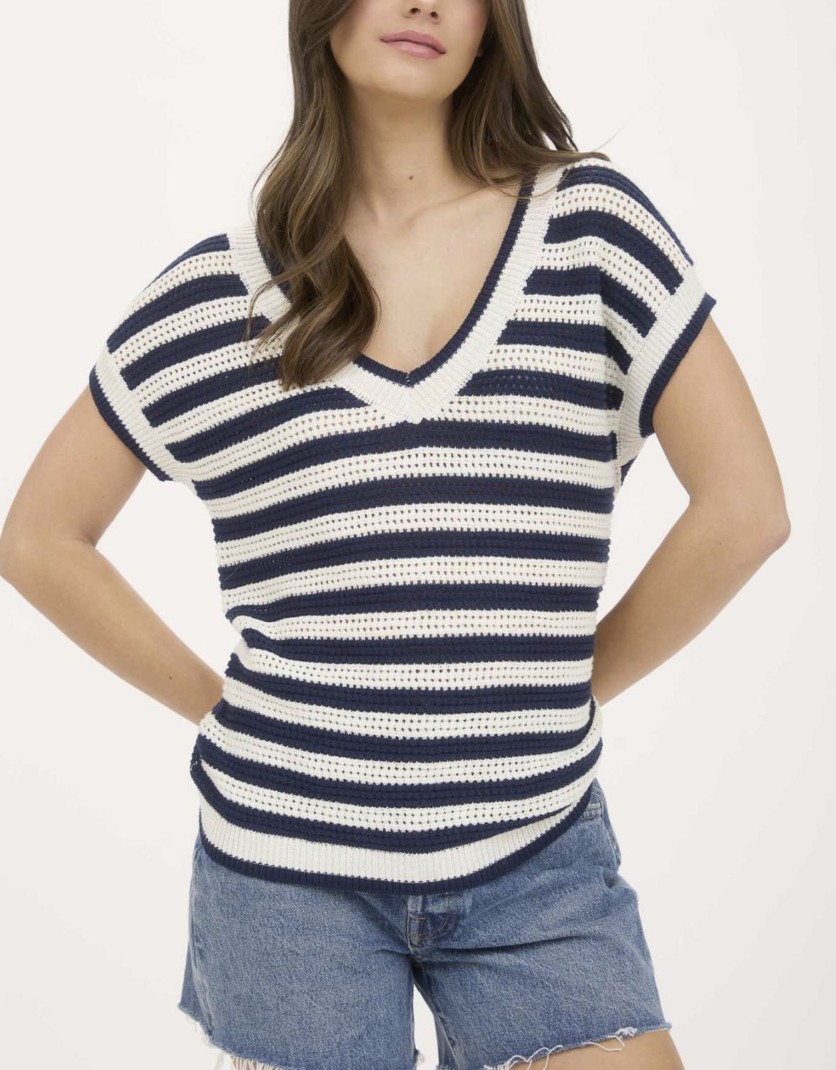 Navy Stripe Crochet Short Sleeve Sweater