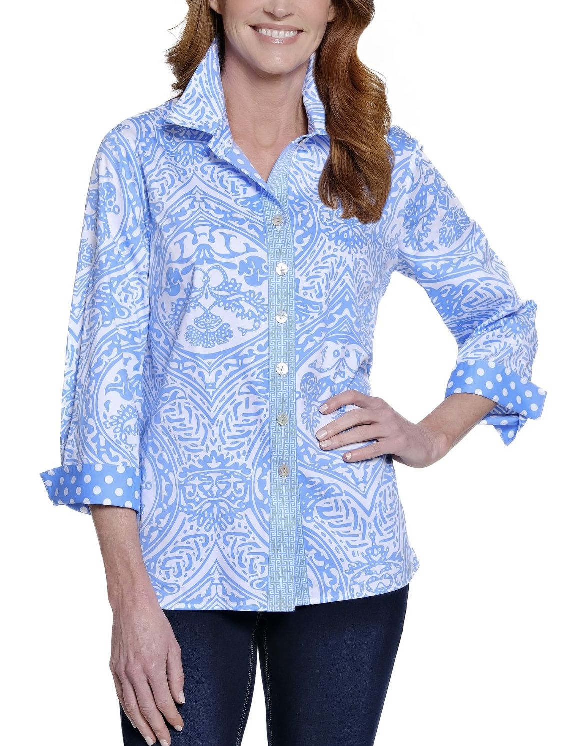 Blue Print Button Front Blouse