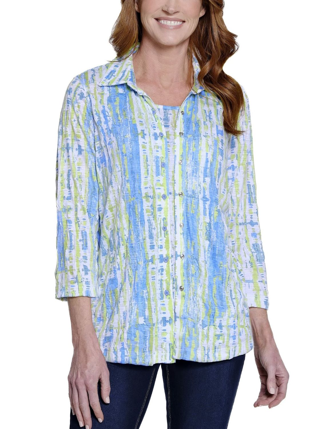 Green Print Button Front Blouse with Tank