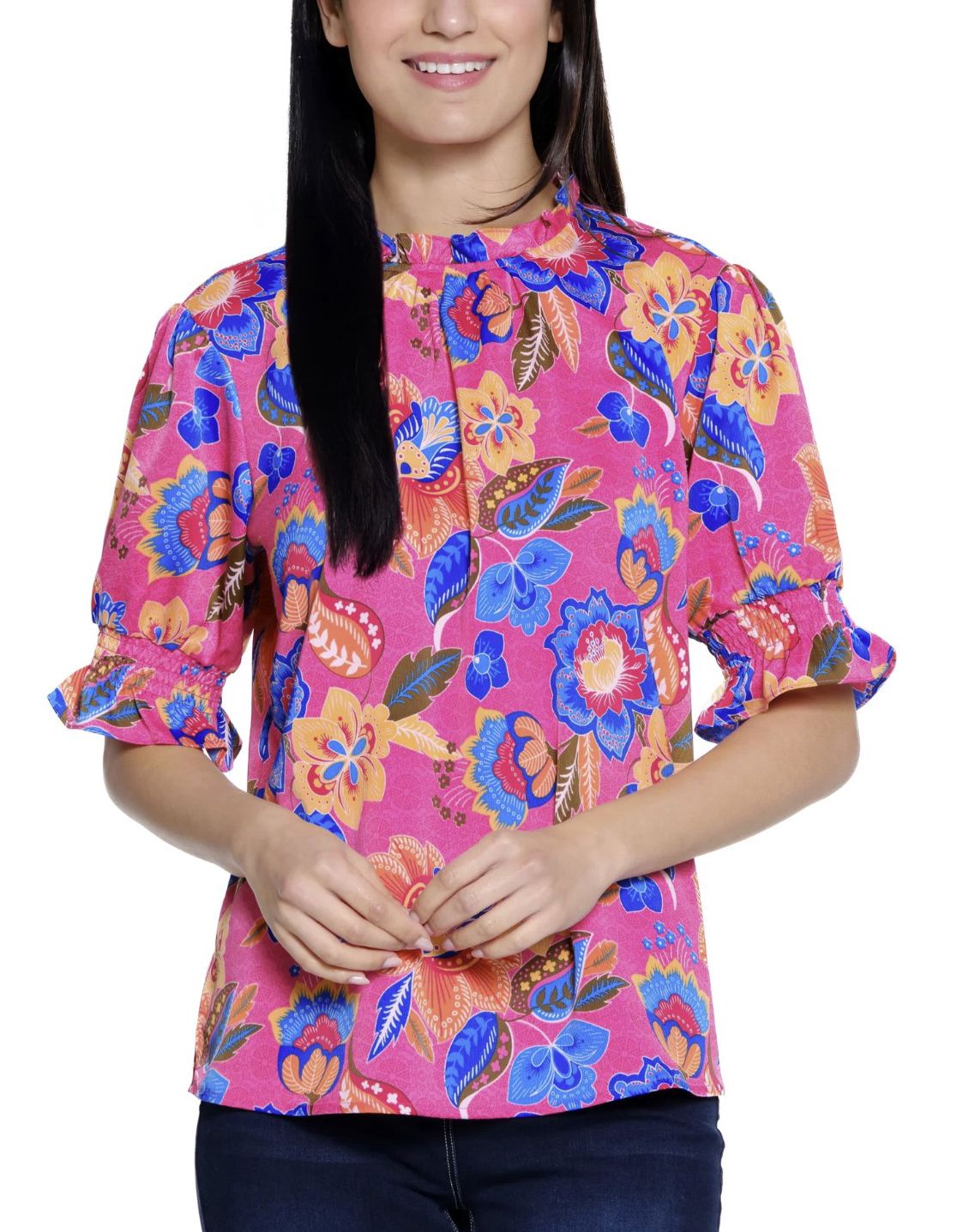 Floral Woven Tunic with Ruffle Sleeves