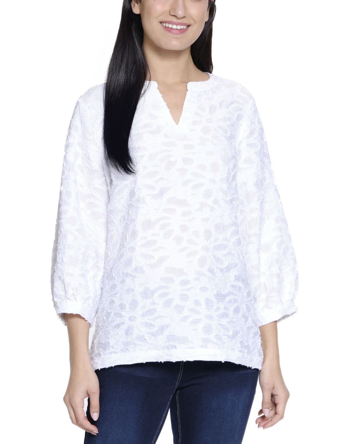 White Jacquard Split Neck Tunic 