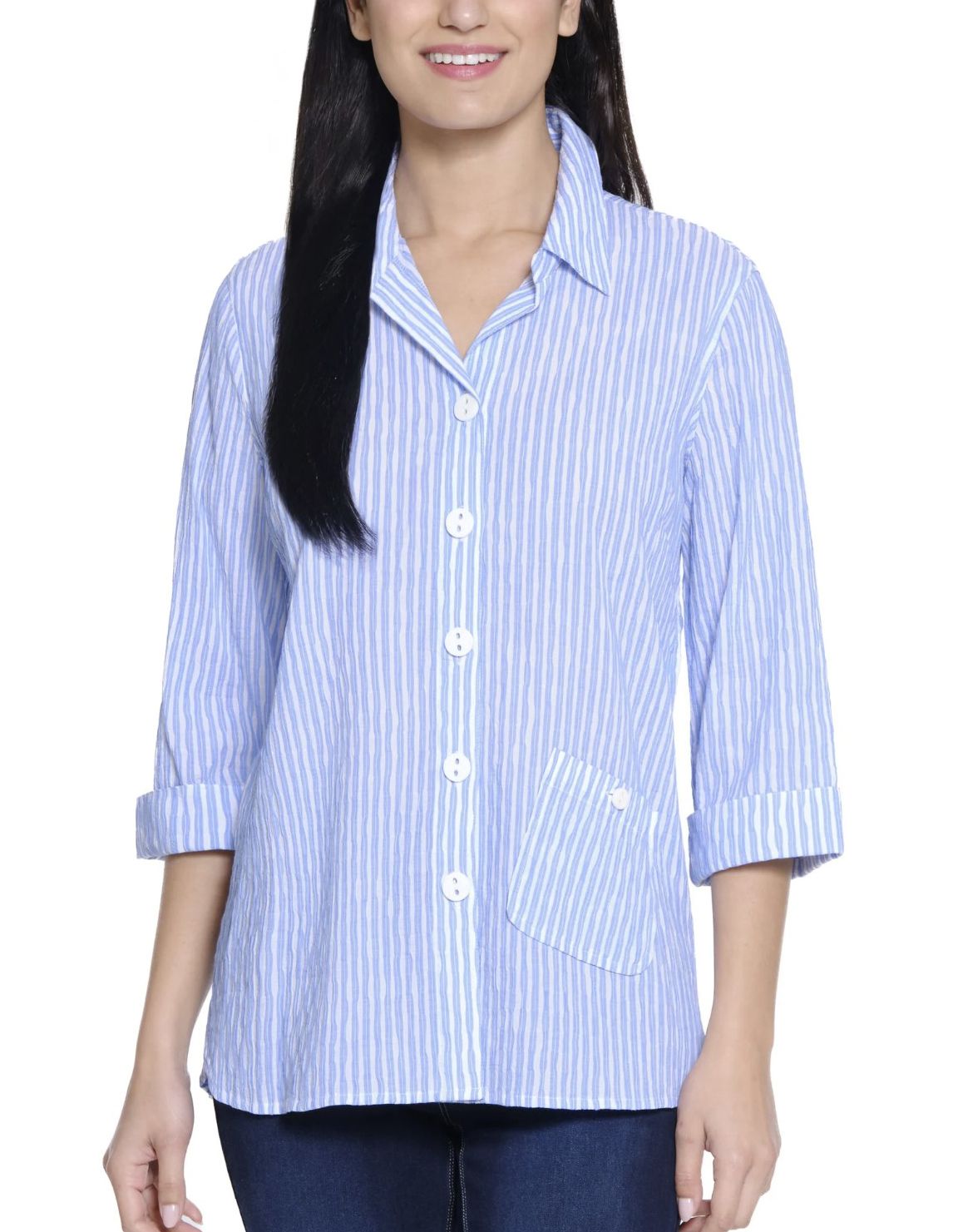Blue Stripe Button Front Blouse