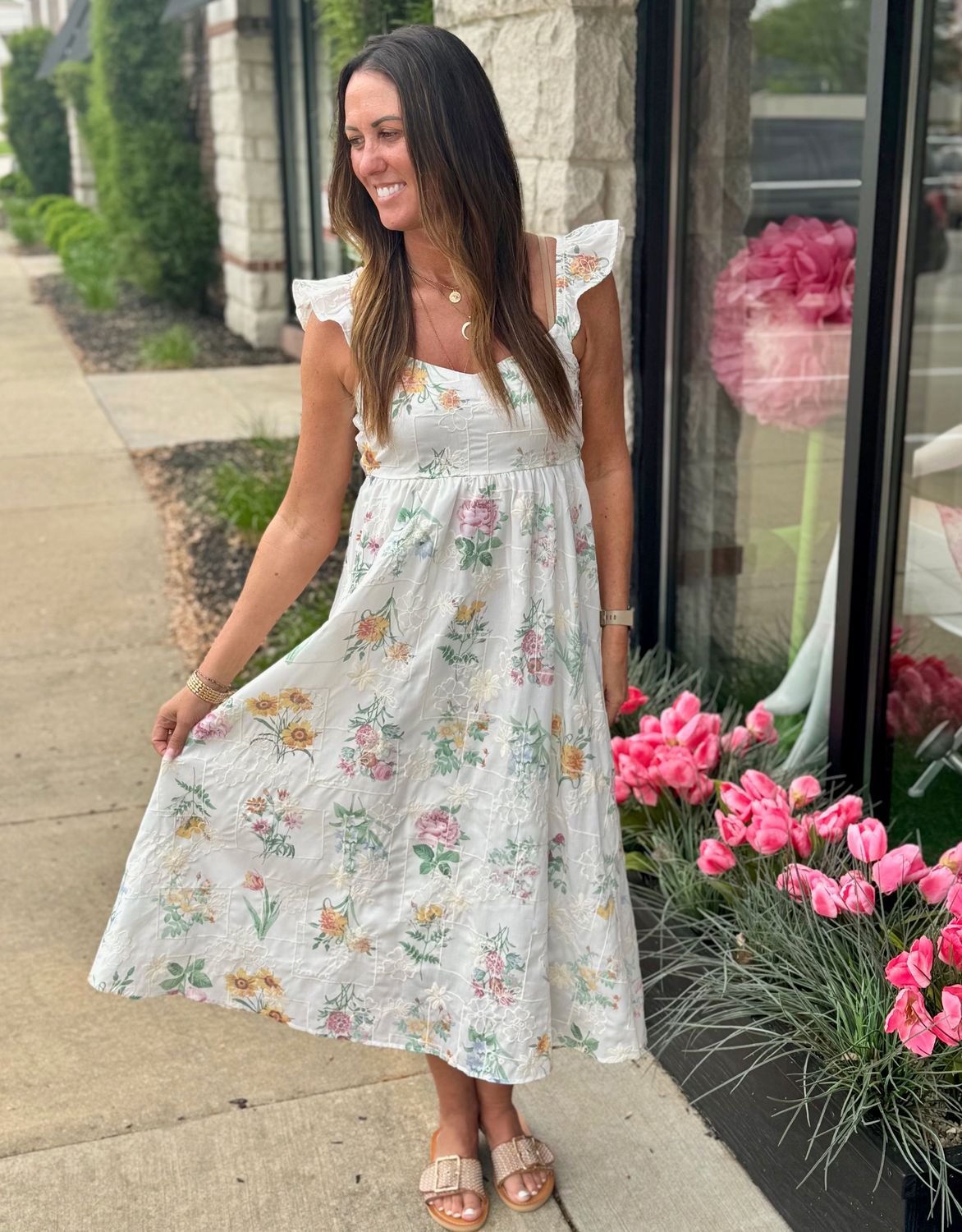 Ivory Floral Embroidery Detail Ruffle Sleeve Midi