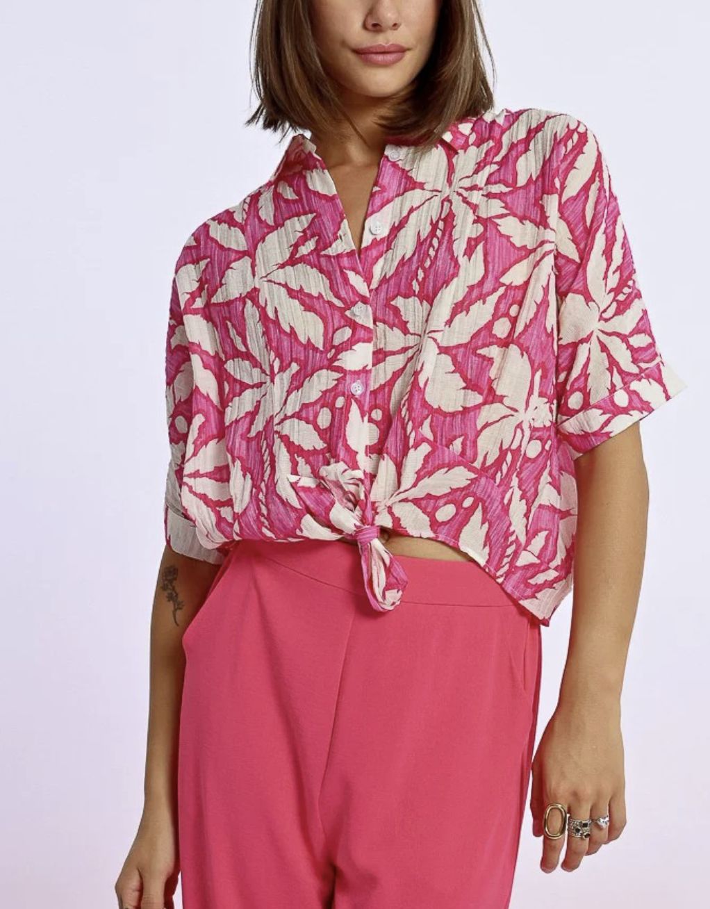 Pink Print Tie Front Button Down Top
