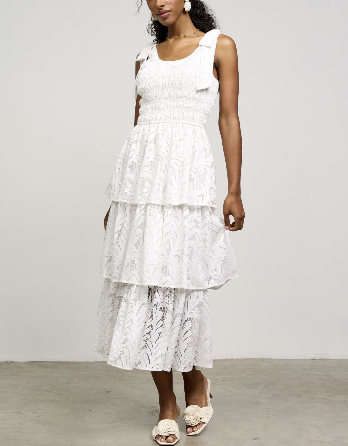 Off White Burnout Woven Tie Shoulder Midi