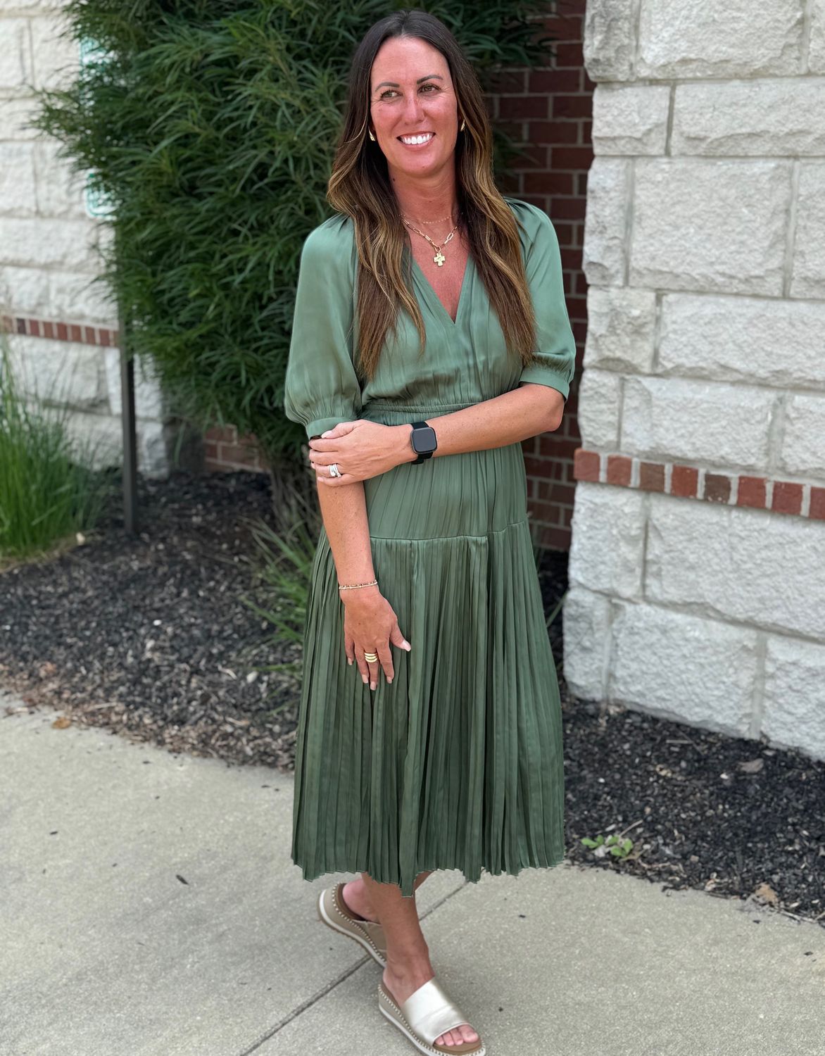 Dusty Green Elastic Waist Midi with Pleats