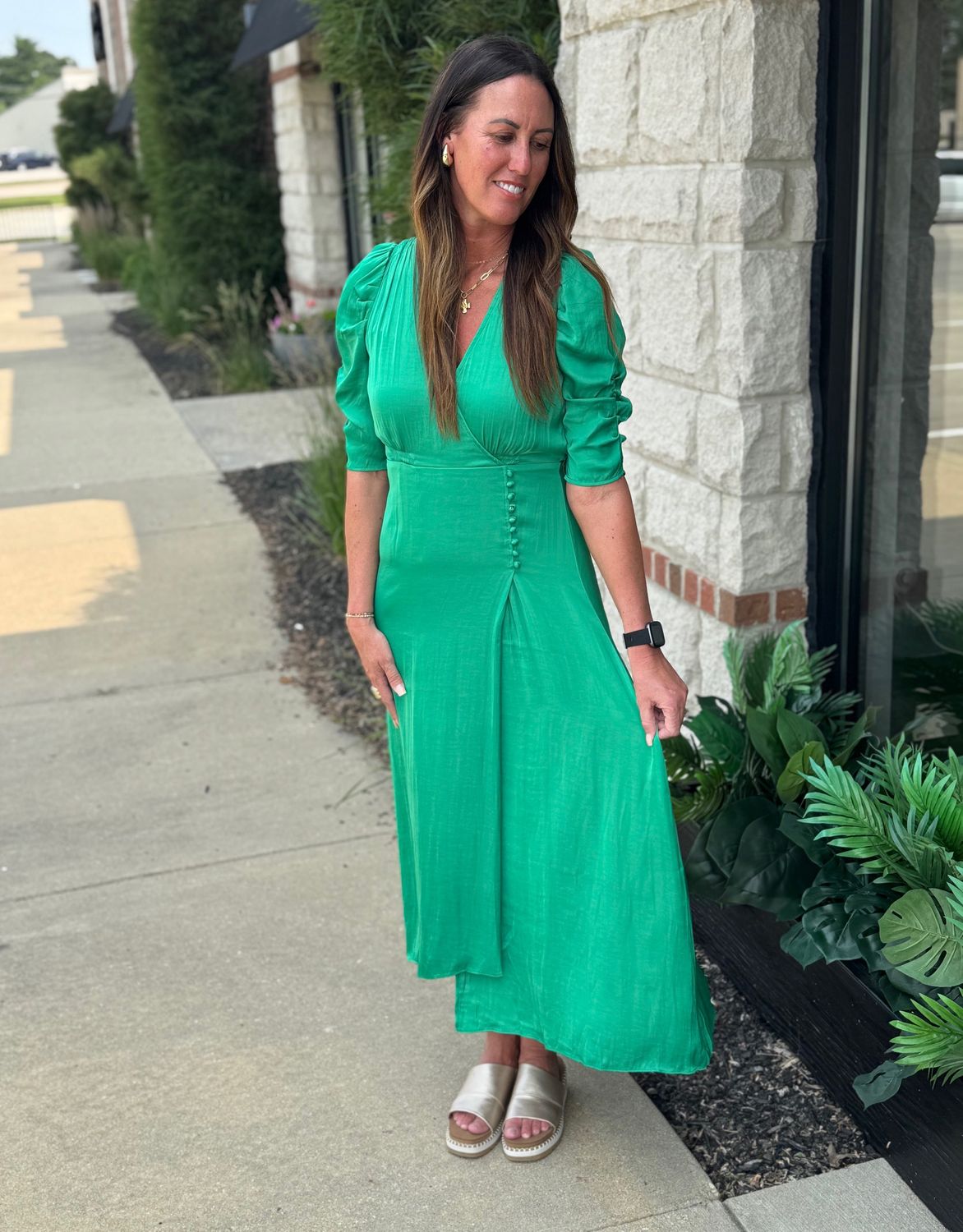 Spring Green Ruched Maxi with Lace Detail Slip