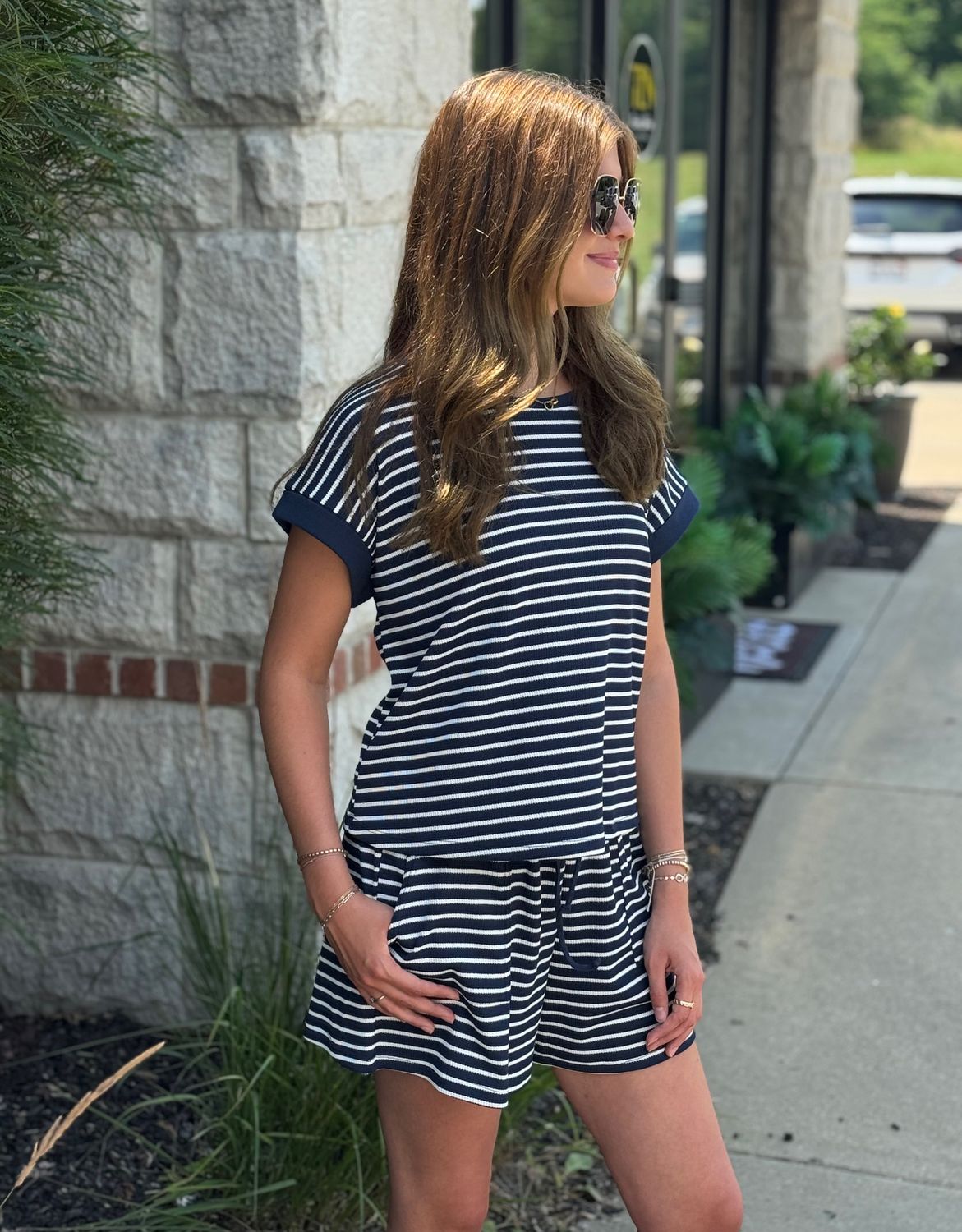 Navy Striped Top and Shorts Set