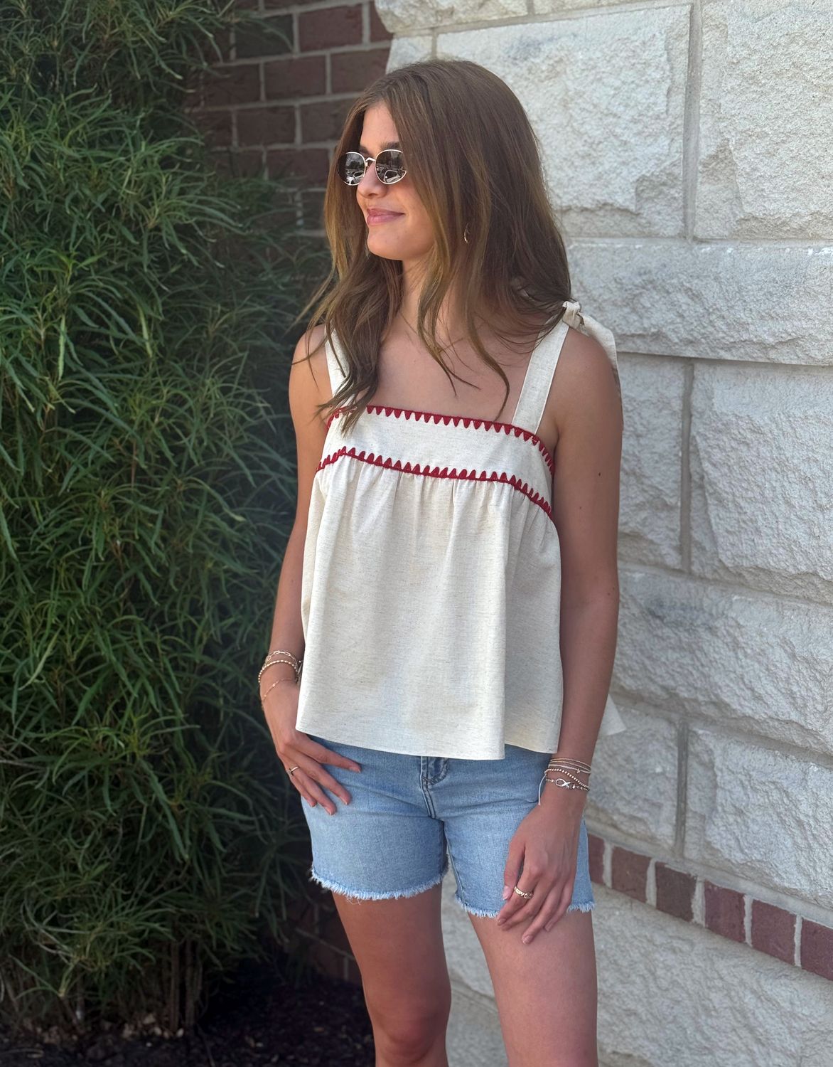 Oatmeal Tie Shoulder Red Tape Detail Top