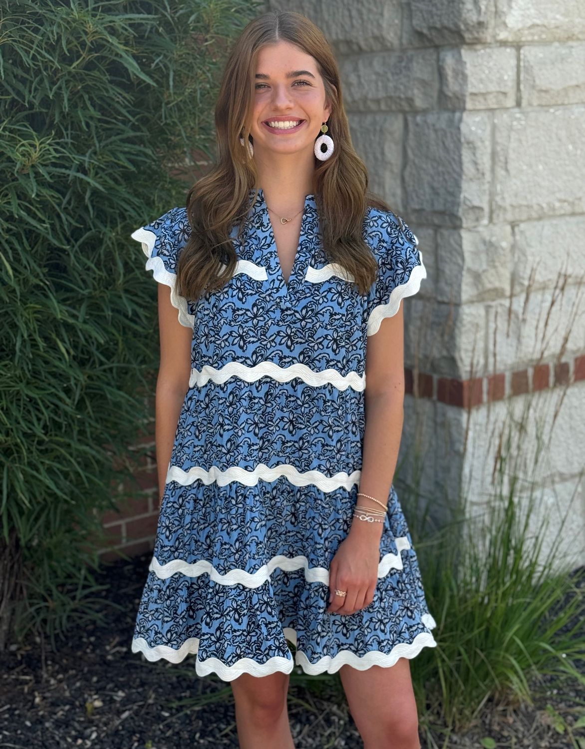 Blue Flutter Sleeve Print Tiered Dress