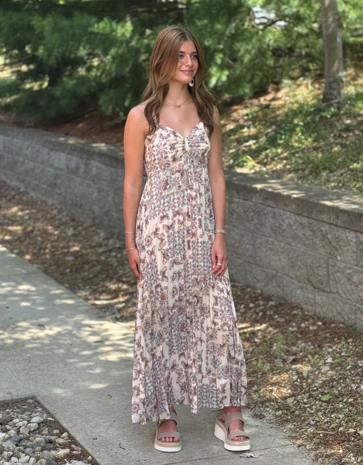 Cream Print Pleated Midi