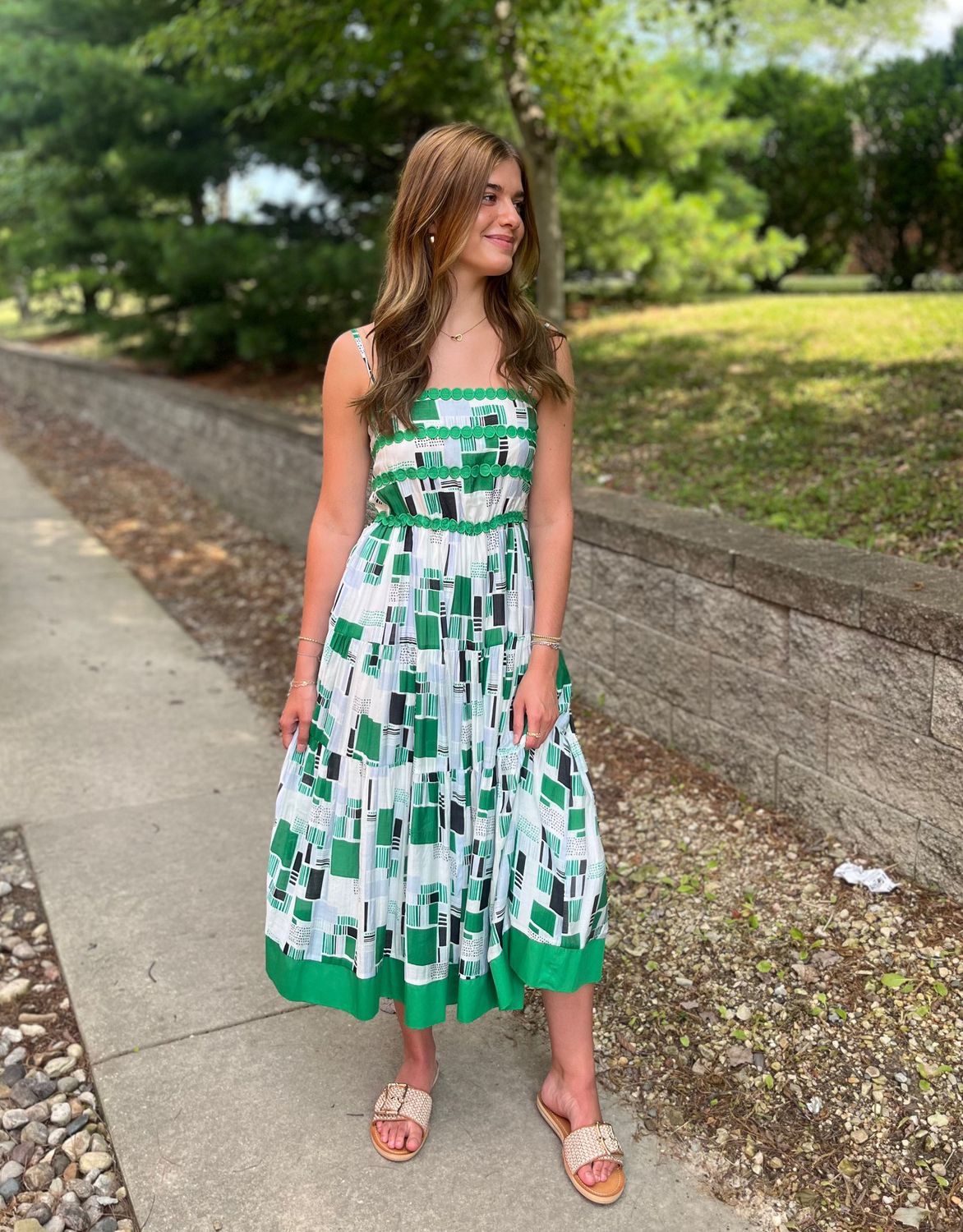 Green Print Tiered Midi
