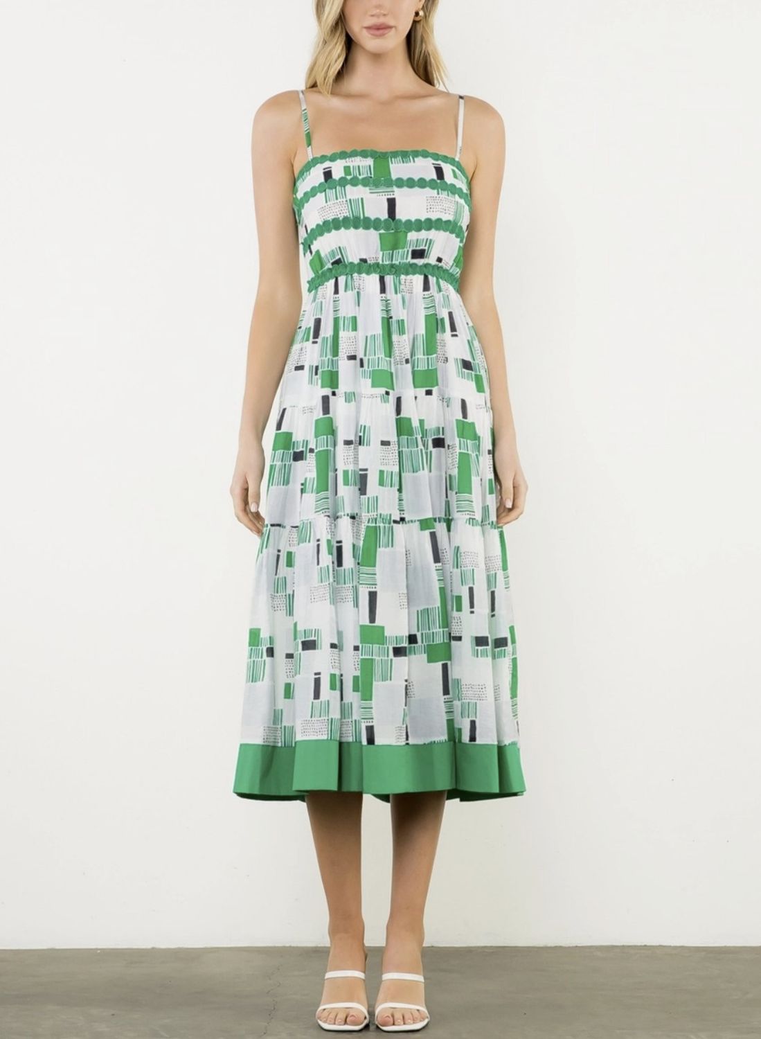 Green Print Tiered Midi