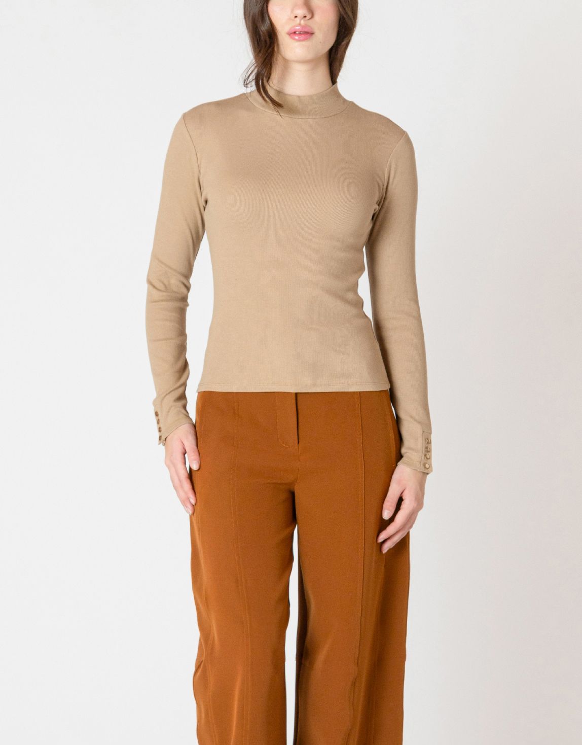 Warm Beige Ribbed Mockneck Top