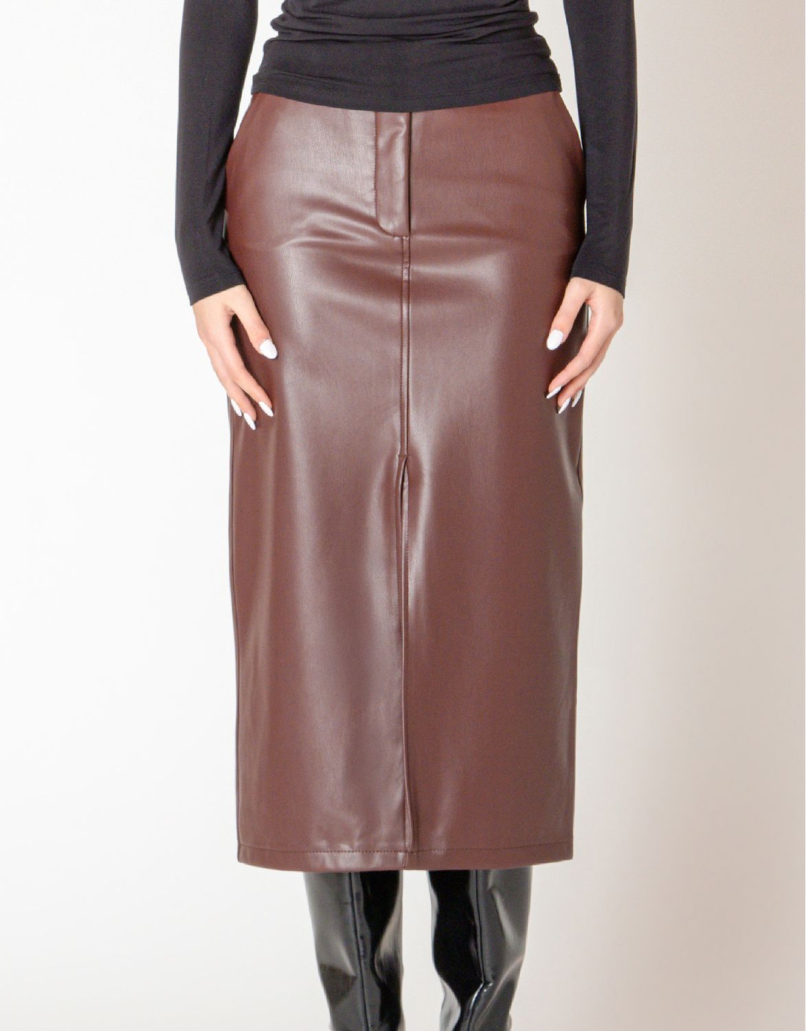 Bordeaux Faux Leather Midi Skirt