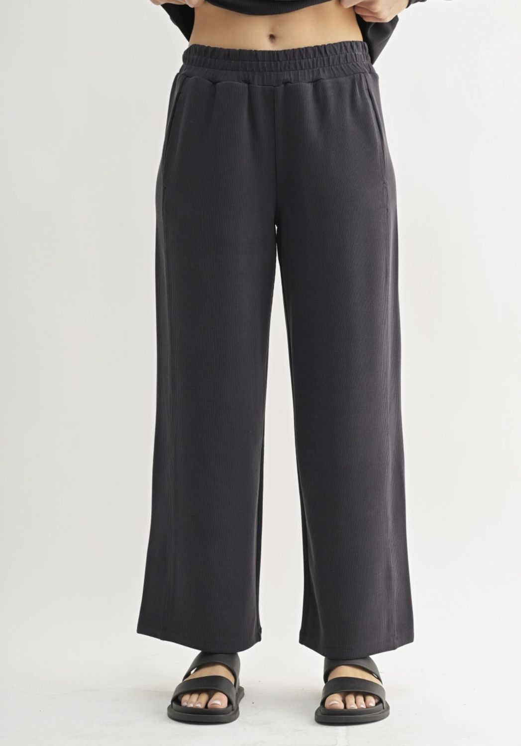 Black Luxe Sand Wash Rib Wide Leg Pants