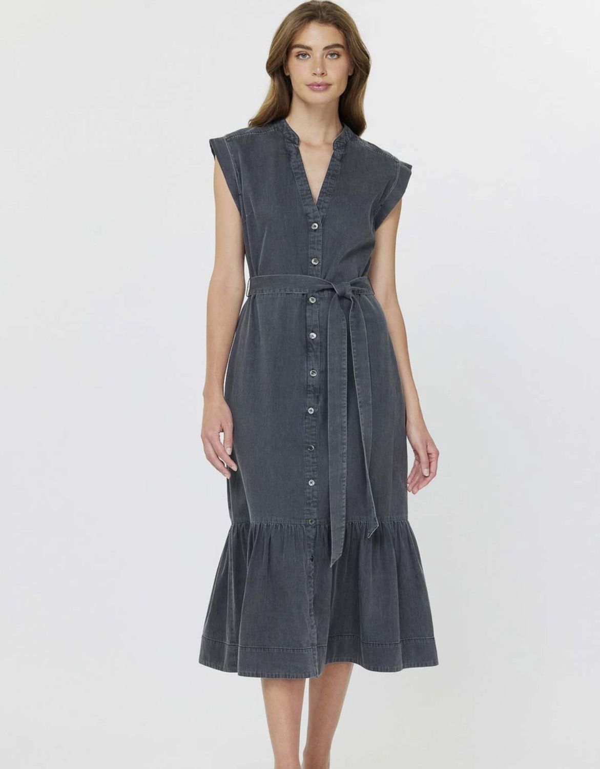 Washed Black Button Down Midi Dress