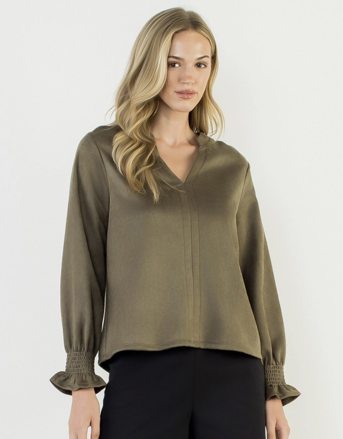 Olive Suede V Neck Top