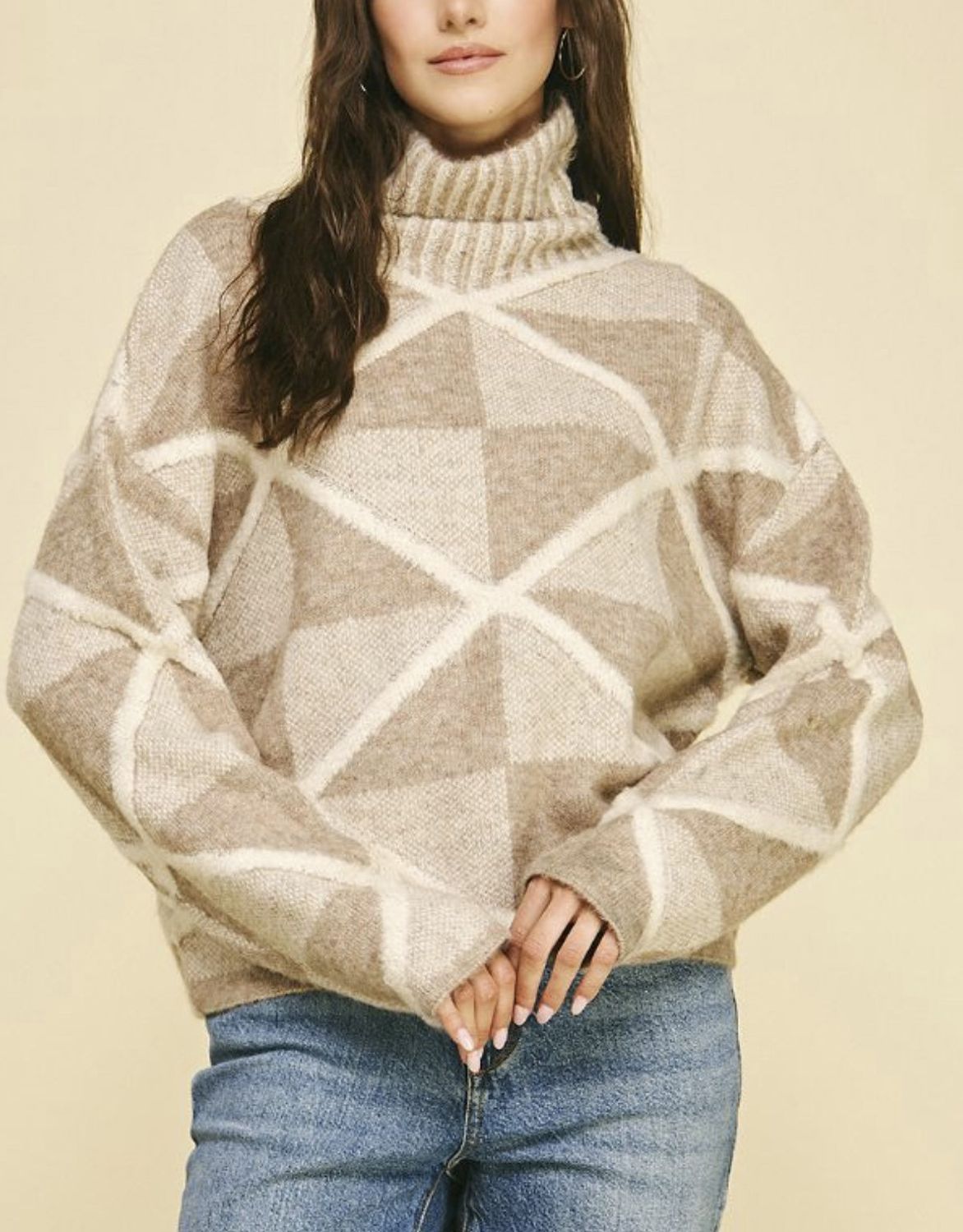 Taupe Geometric Turtleneck Sweater