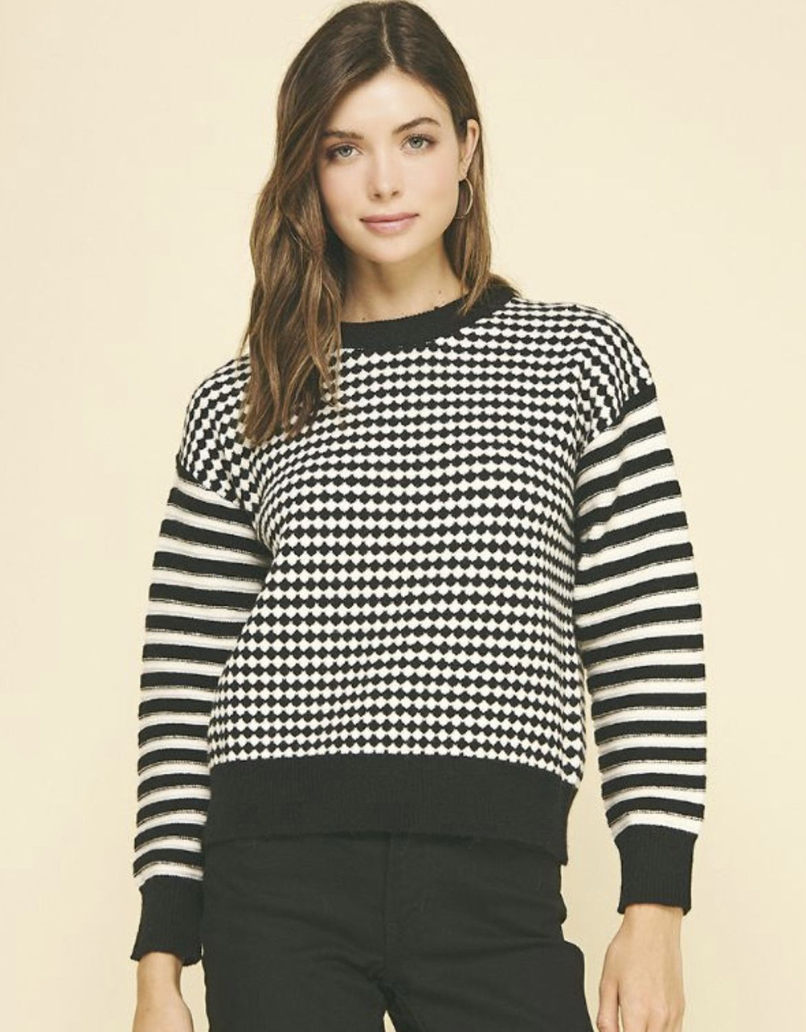Black Stripe Sleeve Print Sweater