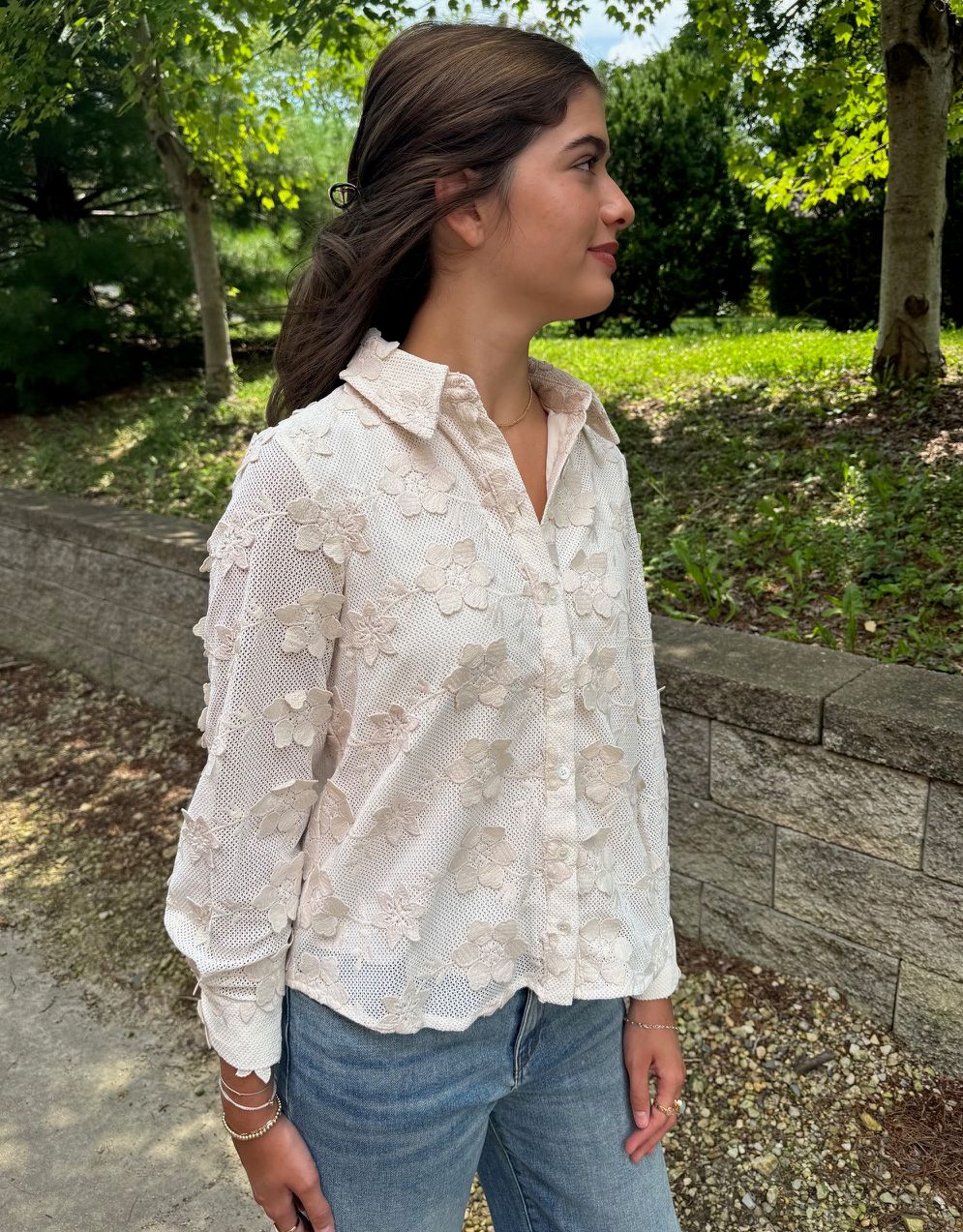Cream Button Down Floral Lace Top