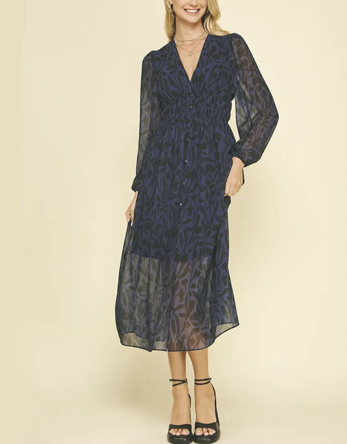 Navy Print Button Down Maxi