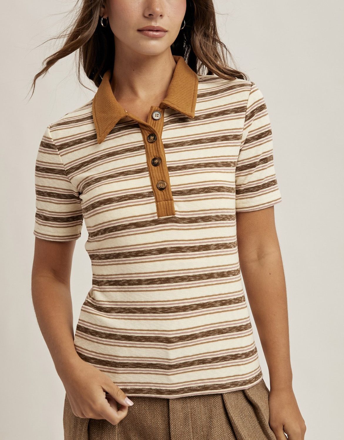 Rib Contrast Stripe Polo Top