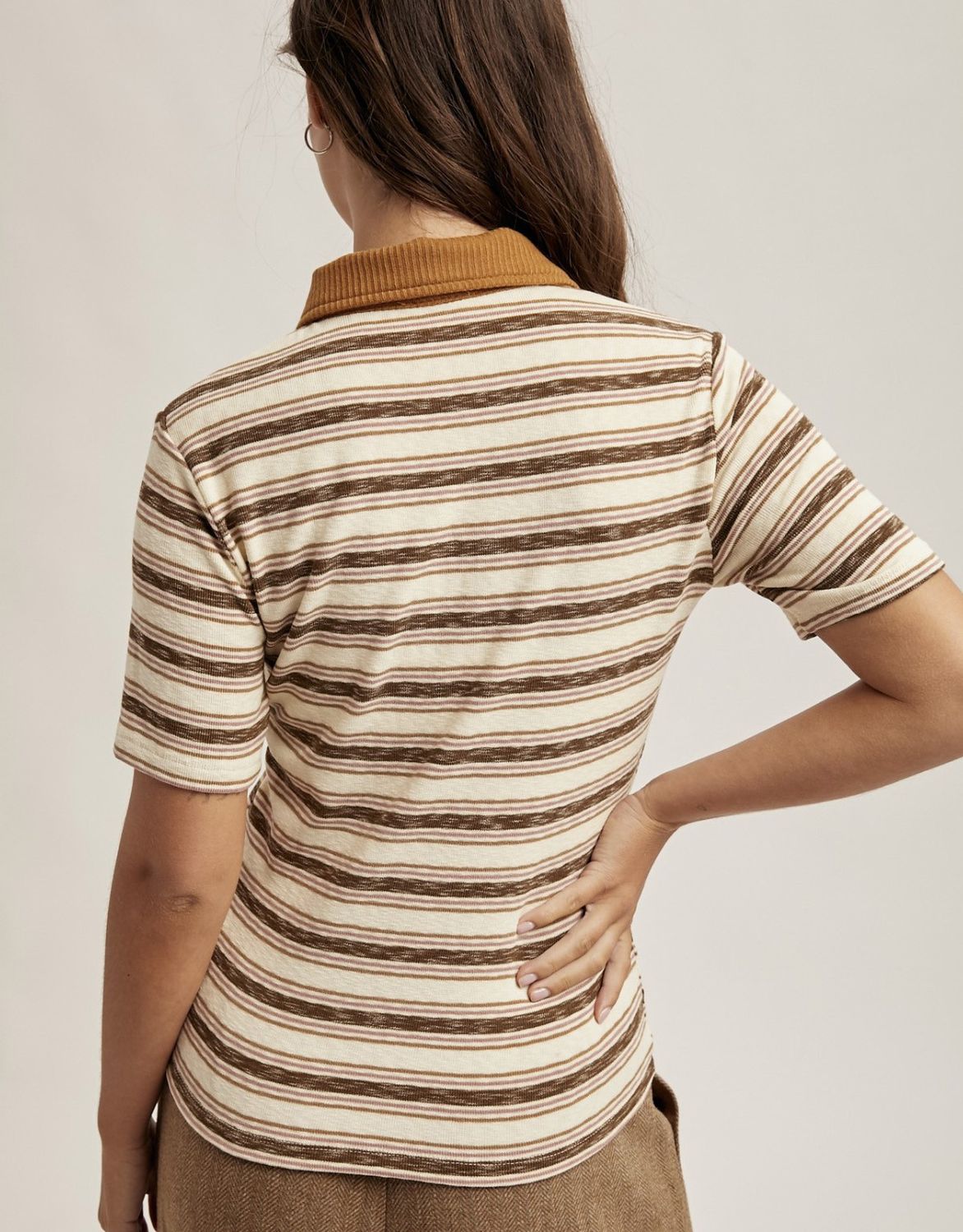 Rib Contrast Stripe Polo Top