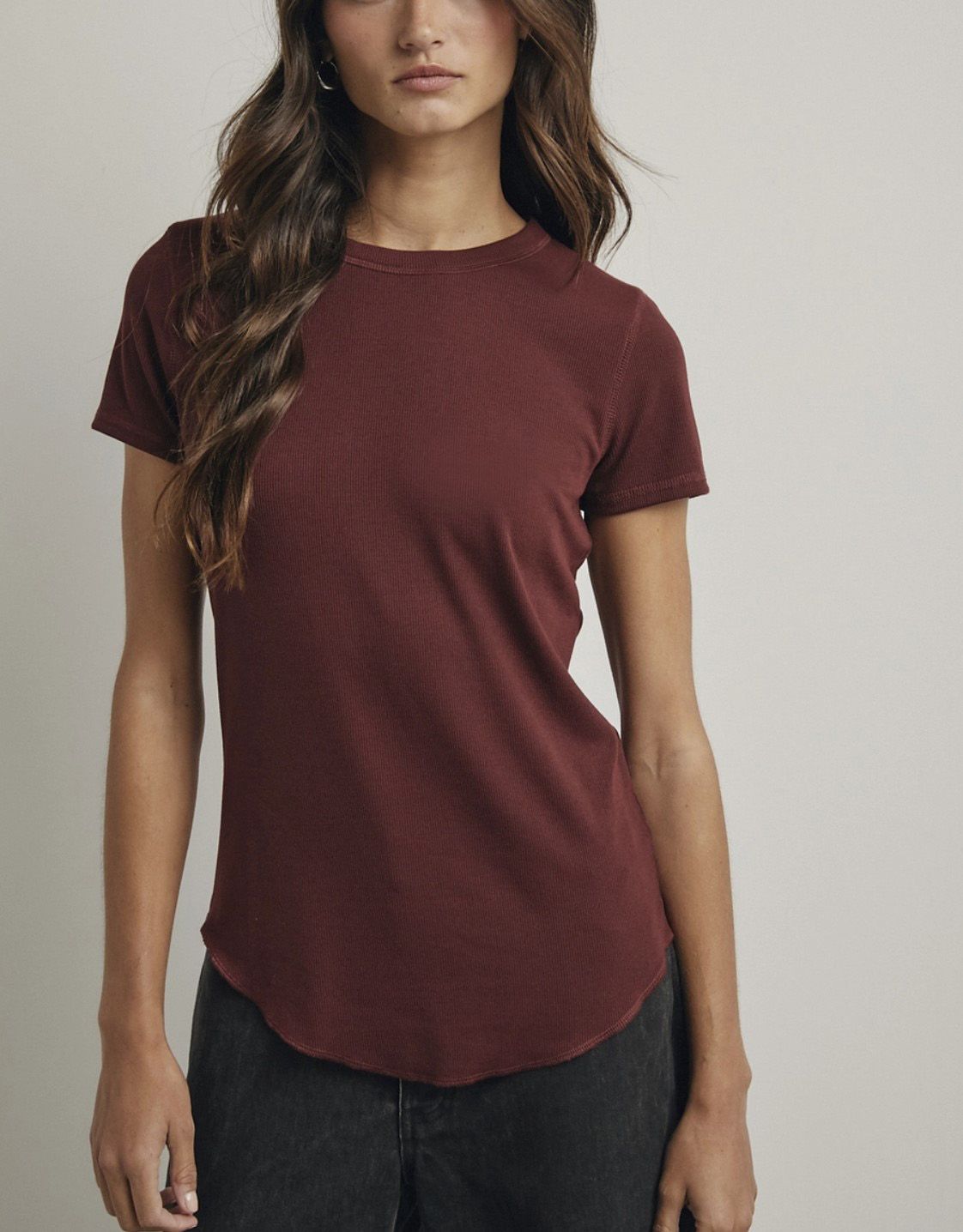 Burgundy Ribbed Knit Basic Tshirt