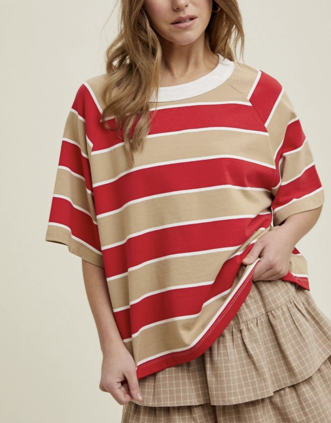 Mocha and Red Stripe Oversized Tshirt
