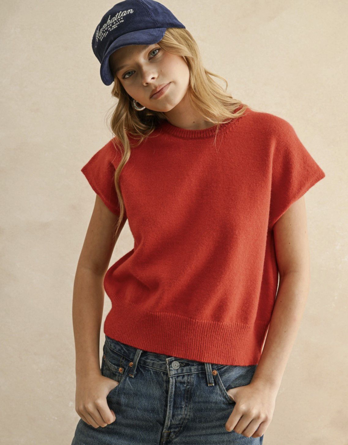 Red Loose Fit Short Sleeve Sweater Top