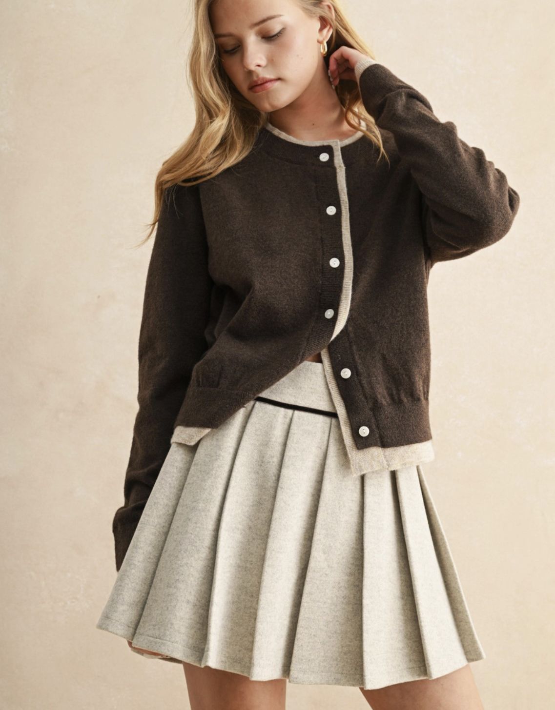 Brown Contrast Button Cardigan