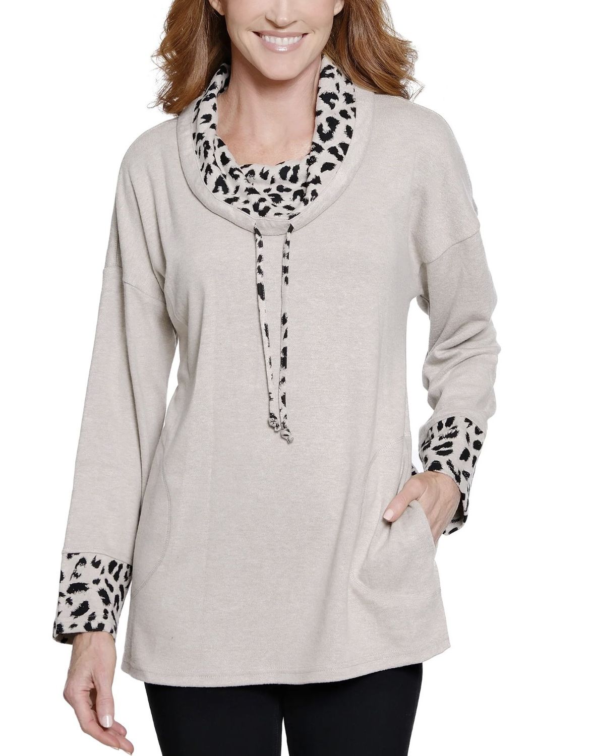 Neutral Animal Print Cowl Neck Tunic