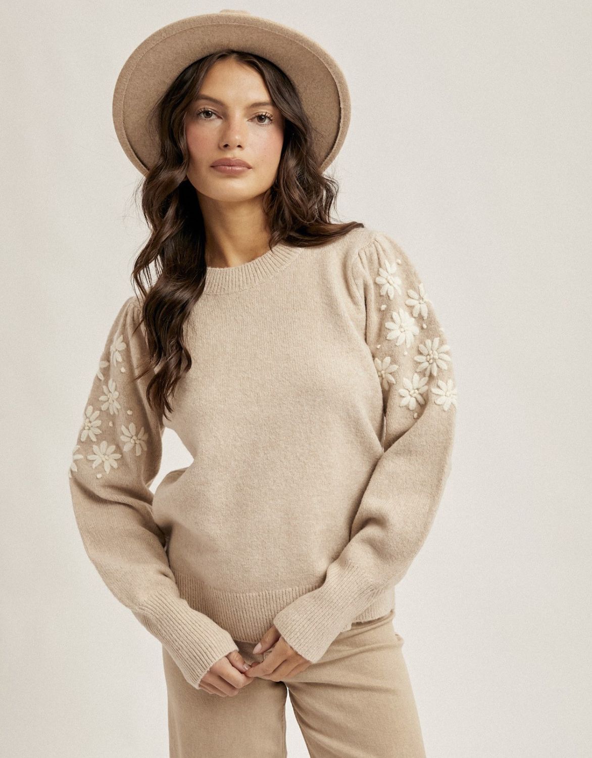 Taupe Floral Embroidery Sweater