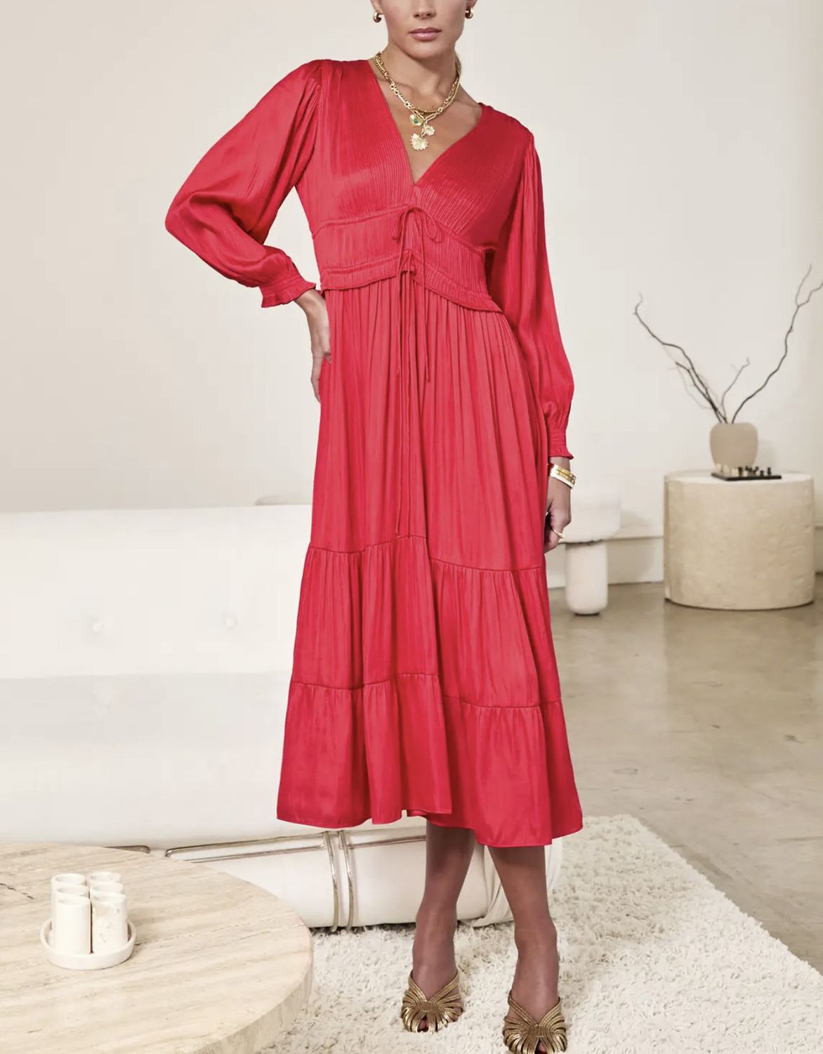 Red Tiered Pleated Midi Dress