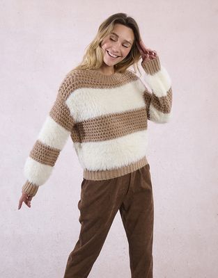 Beige Fuzzy Stripe Sweater