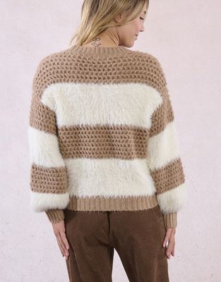 Beige Fuzzy Stripe Sweater
