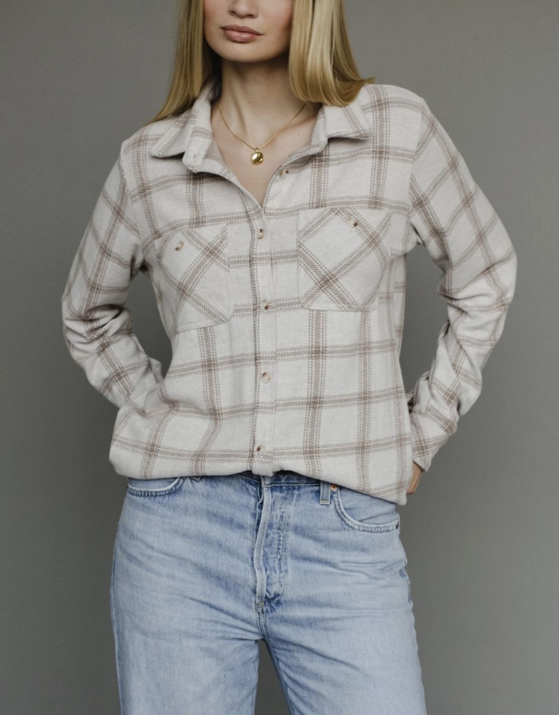 Light Tan and Brown Plaid Button Up