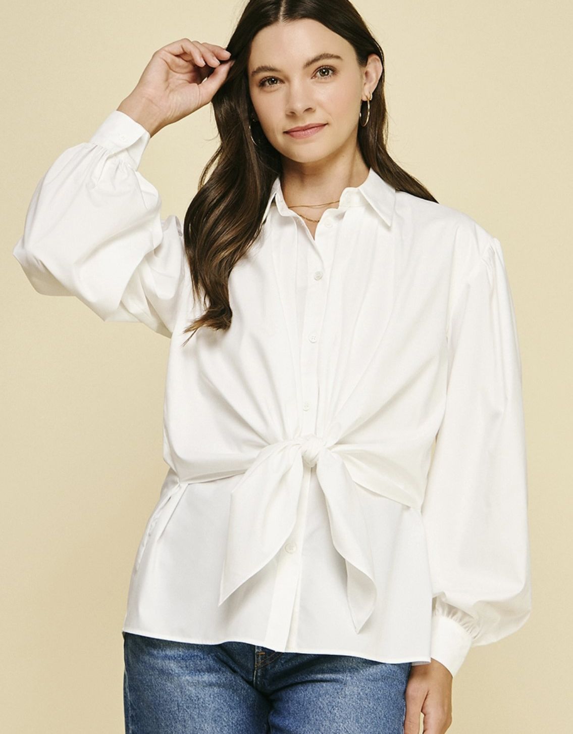 Off White Front Tie Button Down Shirt