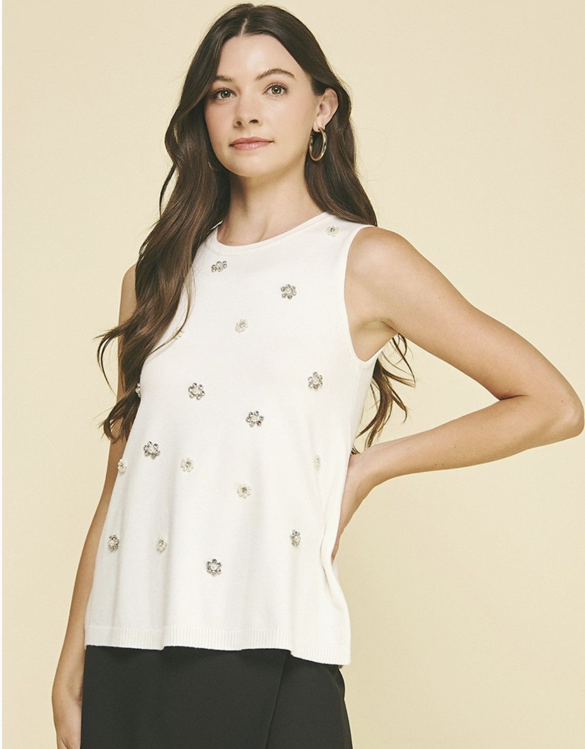 Cream Rhinestone Embroidered Knit Top