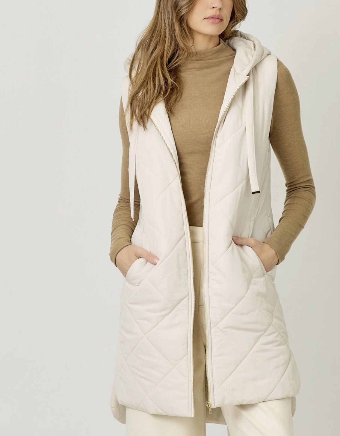 Ivory Quilted Puffer Long Vest