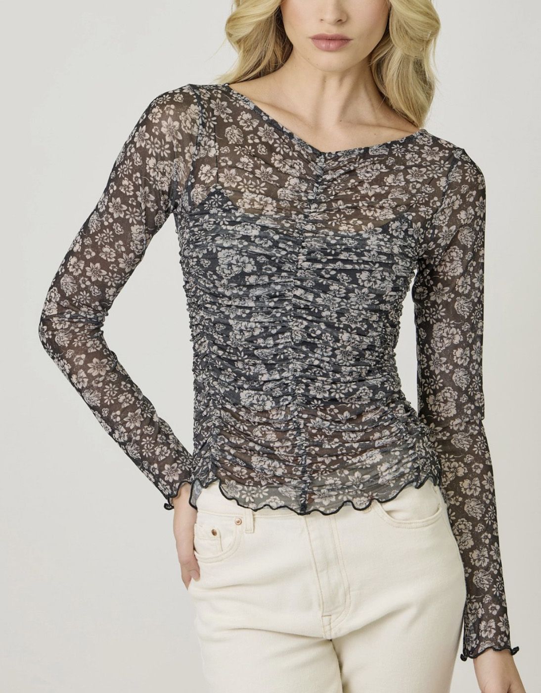 Black Print Lettuce Hem Mesh Top