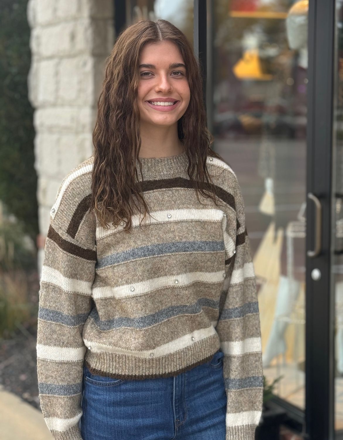 Taupe Noelle Stripe Rhinestone Sweater